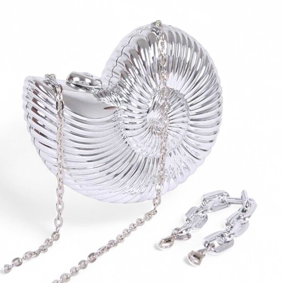 BNWT Sea Shell Molded Metallic Acrylic Top Handle Clutch Bag Crossbody B… - Picture 2 of 6